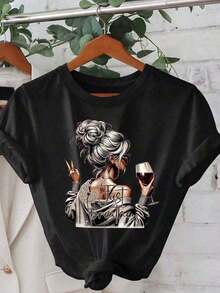 Camiseta Gráfica de Manga Corta Oversize con Frase Inspiradora "Just Breathe" para Mujer, Estilo Casual Minimalista, Cuello Redondo, Corte Relajado, Top para Amantes del Vino, - Negro - Ver 1