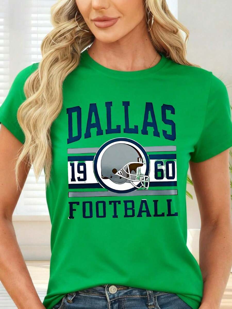 NEWCamia de  con Estampado de  Football 1960 y Casco de Fútbol Americano para Fans de Deportes y Ocasiones Casuales-Vintage Street Style Unisex Loose Cotton Short Sleeve Crew Neck T-Shirt - Verde - Ver 1