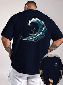 Camiseta de hombre con estampado de doble cara para surfistas, elementos de deportes extremos, top holgado personalizado para entusiastas del surf. - Negro - Ver 7