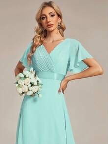 EVERPRETTY Elegant Chiffon V-Neck Pleated Butterfly Sleeve Bridesmaid Dress, Suitable For Wedding Guests, Semi-Formal Occasions - Cadet Blue - View 5