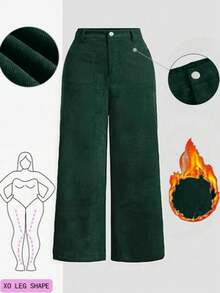 High Waist Solid Color Double Patch Pocket Straight Leg Plus Size Women Pants Solid Color Zipper Pocket Button - Dark Green - View 1