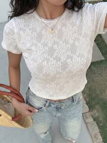Women's Summer Round Neck Lace Short Sleeve Crop Top, Slim Fit Y2K Style Summer Blouse - Apricot - View 4