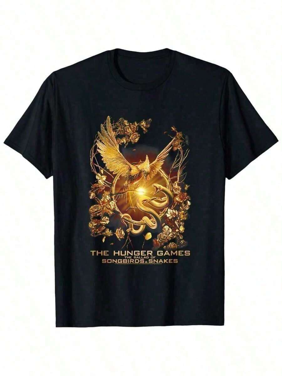 Camiseta con Estampado del Fénix de Los Juegos de la Hambruna, Camiseta de Manga Corta de Algodón Negro para Hombre con Estampado en Lámina Dorada, Mercancía y Coleccionables de la Película, - Verde - Ver 1