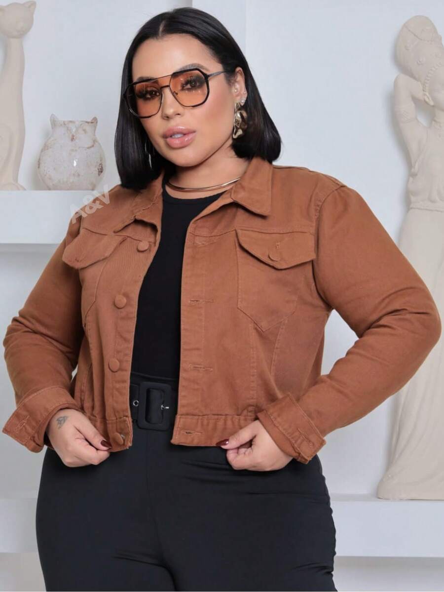 Women's Plus Size Cropped Denim Jacket With Covered Button Hem, Twill Fabric, Sizes G1 To G4 - 鏽棕色 - 查看 1