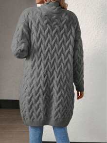 Plus Size Women's Dropped Shoulder Long Sleeve Casual Long Knit Cardigan - Grey - View 3