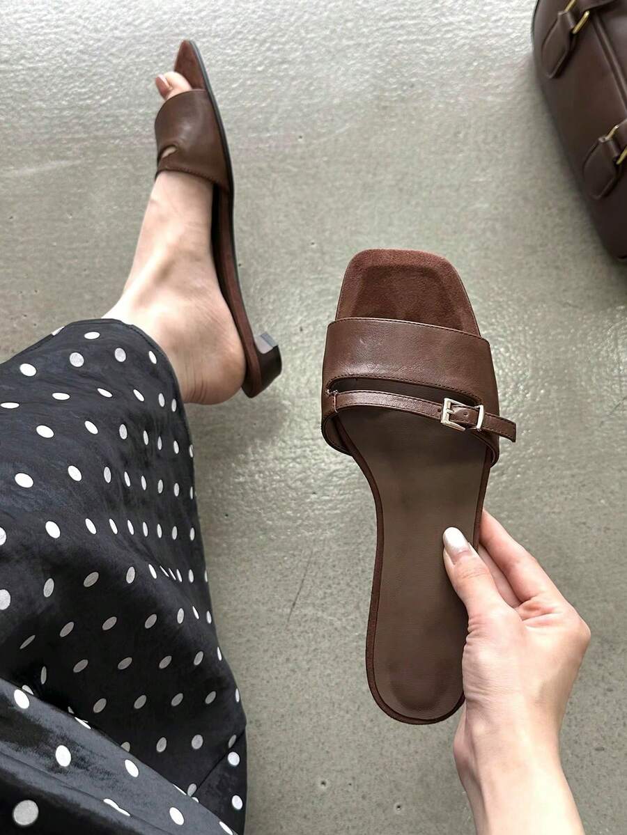 Giày sandal đế dày mũi vuông kiểu Pháp cổ điển, mẫu mới về, dép quai ngang gót trung bình cho nữ. - màu nâu - Xem 1