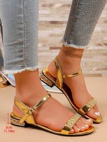 Fashion Women's Rhinestone Decorated Square Toe Open Toe Low Heel Sandals With Buckle Back Strap Roman Shoes, Soft Sole Anti-Slip Breathable Non-Chafing Daily Commute Shopping Casual Vacation Party Date Travel Outdoor Women's Shoes - Gold - View 3