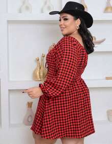 Women's Plus Size Loose-Fitting Checkered Jumpsuit Dress - 紅黑 - 查看 3