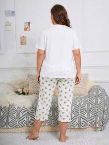 Damen-Pyjama-Set in großen Größen, süßes Avocado-Herz-Muster Loungewear-Set, Kurzarm-Top + Hose 2 Stücke Set - Weiss - Übersicht 2