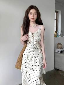Elegant Polka Dot Cami Maxi Dress With Tiered Ruffle Hem, Satin-Like - Apricot - View 4