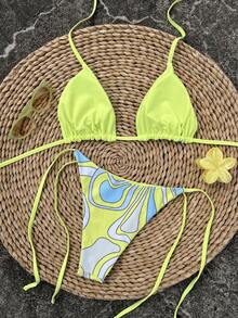 Women's Fashion Printed Colorblock Halter Tie Sexy Bikini Two-Piece Swimsuit Set - Multicolor - View 4