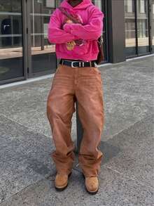 Vintage Washed Brown Denim Jeans, American Casual Loose Straight Leg Baggy Long Pants For Men - Brown - View 1