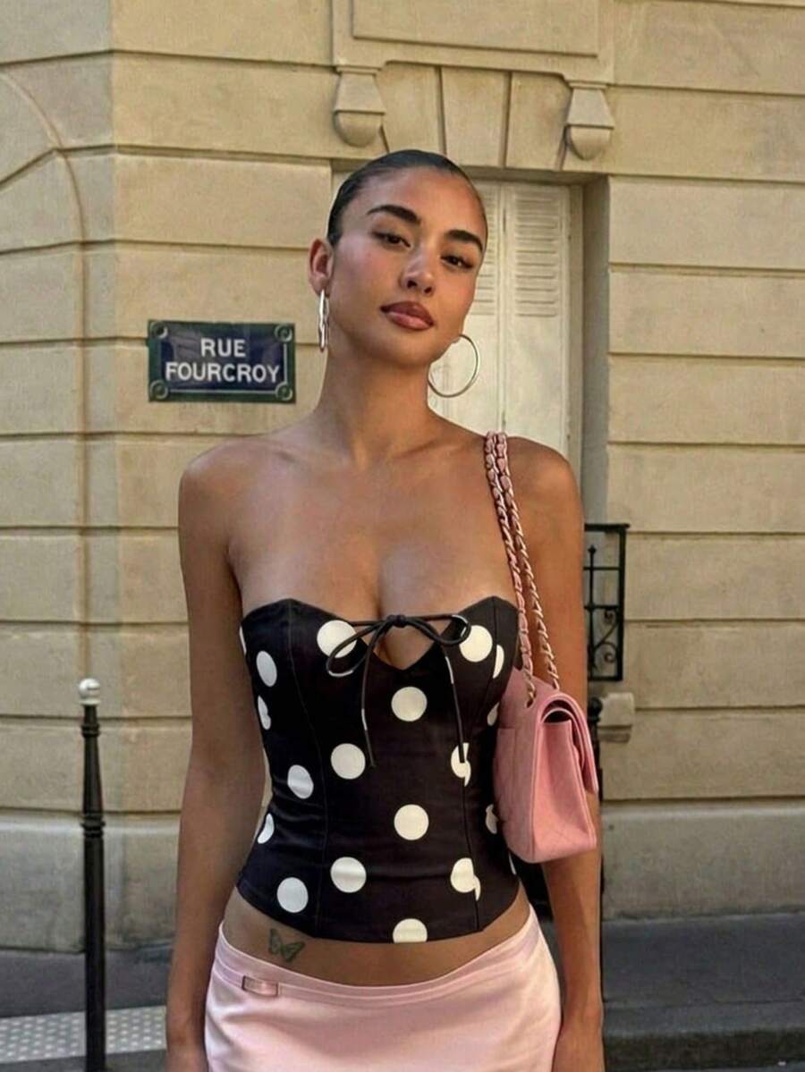 黑色波點性感修身鏤空繫帶抹胸上衣,夏季款 - 黑色 - 查看 1
