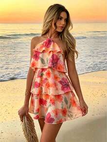 Vestido elegante de verano con estampado floral, cuello halter y volantes en el bajo para mujer - Naranja Coral - Ver 8
