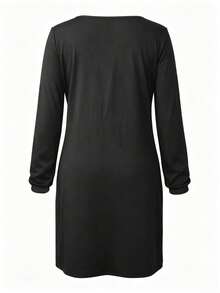 Solid Color V-Neck Long Sleeve Casual Plus Size Dress, Daily Wear Spring/Summer Dress Black Elegant - Black - View 3