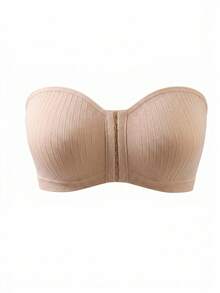 Oillpretty 1 Stück hautfarbener vertikal gerippter BH mit Frontverschluss, trägerlos mit Spaghettiträgern, integriertem rutschfestem Silikonstreifen, drahtfrei, nahtlos und atmungsaktiv, praktischer Frontverschluss zum einfachen An- und Ausziehen, stabiler Halt ohne Verrutschen, unsichtbar und bequem, geeignet für Abendkleid, Camisole-Kleid, Hochzeitskleid, tägliche Arbeit und verschiedene Anlässe - Aprikosenfarben - Übersicht 7