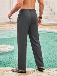 Mercer Haus Men's Casual Plain Color Folding Pleated Slanted Pocket Trousers , Suitable For Summer Tropical Holiday Vacation In Hawaii. - Dark Grey - View 2
