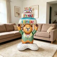1pc 50-Inch Large Base Cake Holding Bear Aluminum Foil Balloon, Standing Bear Holding Cake, Decorative Balloon, Exquisite Holiday Gift, Holiday Decoration, Used For Creating Holiday Event Scenes - Multicolor - View 3