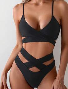 Nuevo bikini de dos piezas con aberturas para mujer 2026: traje de baño elegante para la playa y los balnearios - Negro - Ver 1