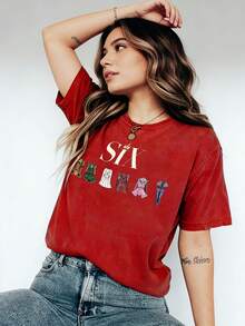 Six The Musical 90s Vintage Armor Graphic Print T-Shirt, Casual Short Sleeve Crew Neck Top Women's Clothing, Retro Loose-Fit T-Shirt - 紅色 - 查看 2