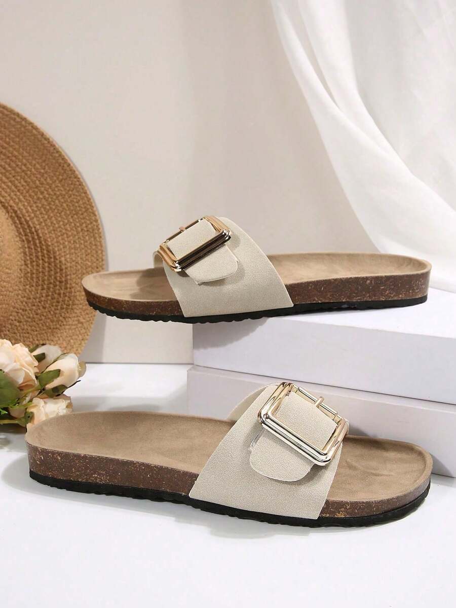 Nuevas sandalias planas de moda de verano con decoración floral blanca y correa elástica en la espalda, sandalias de playa - Blanco - Ver 1