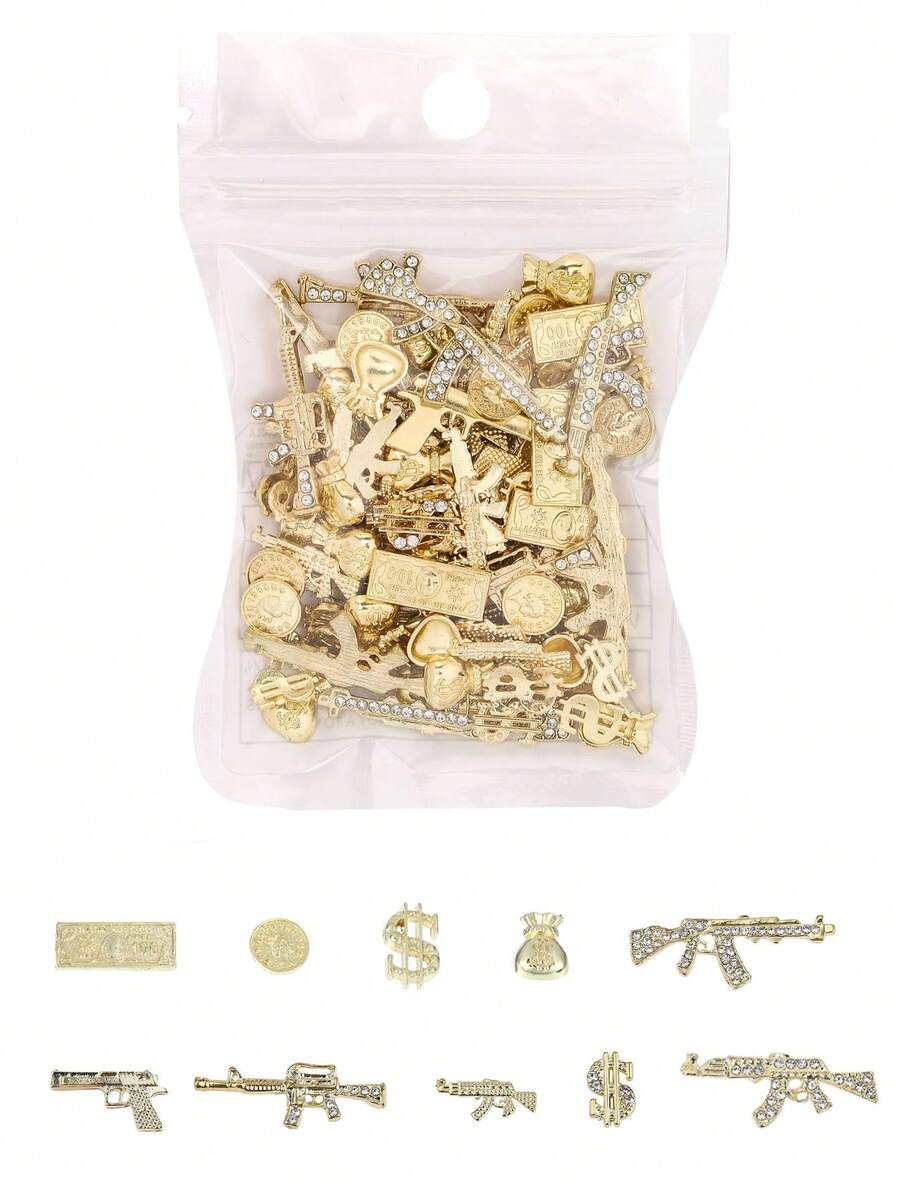 30件 3D美甲飾品,金色合金槍形與美金硬幣形美甲寶石,女性與女孩美甲藝術設計裝飾配件與用品,DIY藝術或手工製作 - 金色 - 查看 1