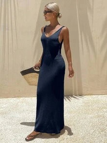 Vestido de punto con escote en V, tirantes finos y cintura ceñida para mujer, ideal para el verano - Azul marino - Ver 1