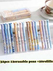 32/14/1 Erasable Pen Set, Includes 12 Pens + 20 Refills, Multiple Cartoon Pattern Center Pens, 0.5mm Blue Ink Ballpoint Pens, Built-In Eraser, Quick-Drying, Comfortable Grip, Perfect For Note-Taking And Writing, Office Supplies, School Supplies, Back To School Essential - Erasable Pen Set - View 11