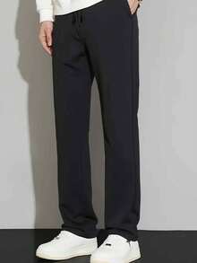 Men's Wide Leg Sweatpants, Premium Soft Warm Fabric, Drawstring, Pocket, Streetwear, Winter, Autumn - 黑色 - 查看 1
