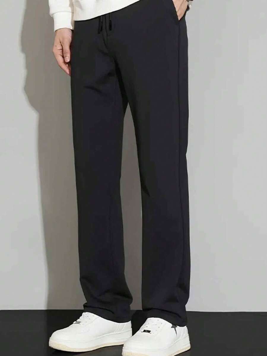 Men's Wide Leg Sweatpants, Premium Soft Warm Fabric, Drawstring, Pocket, Streetwear, Winter, Autumn - 黑色 - 查看 1