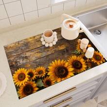 1pc Dish Drying Mat, Coffee Machine Mat, Vintage Distressed Wood Board Sunflower Print Polyester Fiber Drain Mat, Highly Absorbent, Durable, Suitable For Dining Table, Cafe And Other Scenes, Multi-Purpose Drainage Mat, Home Gift, Tabletop Decor - XYLSD-474 - View 6