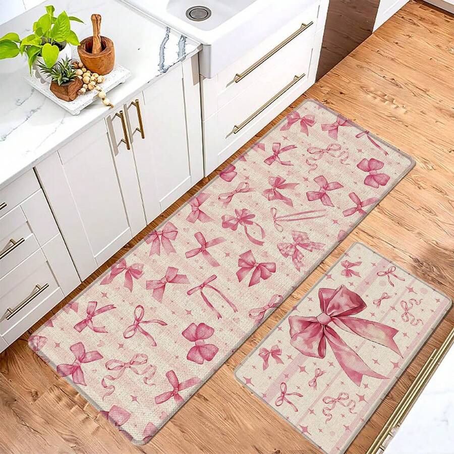 1pc Pink Bow Linen Rubber Kitchen Mat, Bathroom Mat, Door Mat, 2D Printed Rectangular Rug Suitable For Living Room, Bedroom, Hallway, Bathroom, Laundry Room, Polyester Rug, Suitable For Indoor And Outdoor Home Decor - Multicolor - View 1