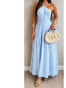Long Striped Viscose Dress For Parties, Events, And Everyday Wear - 淺藍色 - 查看 1