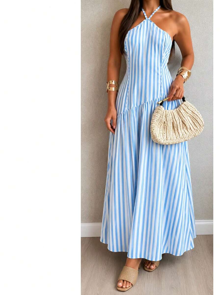Long Striped Viscose Dress For Parties, Events, And Everyday Wear - 淺藍色 - 查看 1
