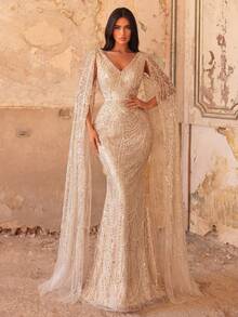 Elegant Beaded V-Neck Mermaid Maxi Dress With Floor Length Sleeves - Luxury Formal Gown For Autumn/Winter, Wedding, And Formal Events Party Fall - Champagne - View 4