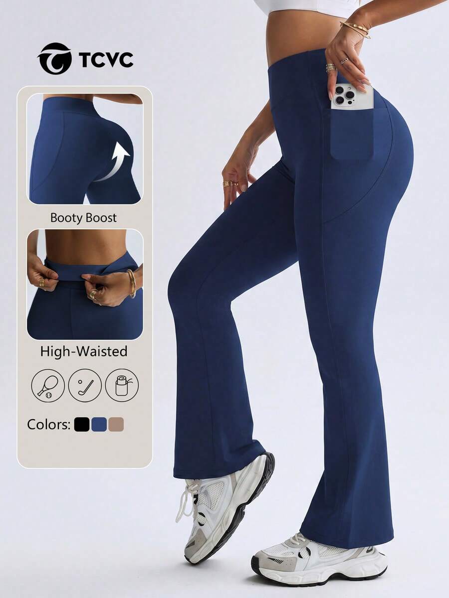 TCVC High Waisted Booty Lifting Yoga Flare Pants For Women With Side Pockets, Tummy Control 4 Way Stretch Bootcut Workout Leggings - Navy Blue - View 1