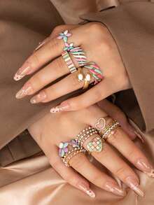 1pc Dopamine Macaron Glazed Stainless Steel Open Ring, Sweet Heart & Flower Design, Stackable Metal Ring, Girly Style Accessory, Adjustable Size - Yellow Gold - View 1
