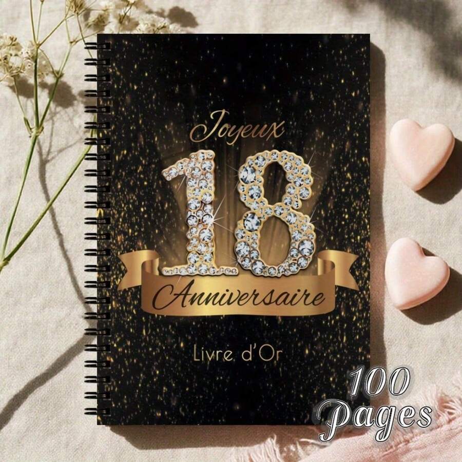 1件優雅法式生日紀念相簿-黑金閃亮18週年紀念日記本,螺旋裝訂賓客簽名簿與紀念冊,便攜式派對企劃本,適合女性、女孩、青少年,生日派對裝飾與學校用品 - E - 查看 1