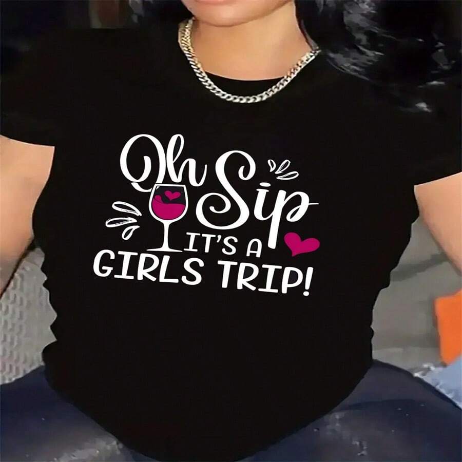 2026 Hot Summer Style Girls Trip Wine Tee Women's T-Shirt , All Occasion Outfit Light & Airy For Summer, Suitable For Leisure Sports Scenes. - Multicolor - View 1