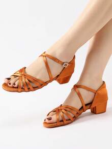 1 Pair Low Heel Girls' Latin Dance Shoes, Open Toe Non-Slip Soft Sole Dance Shoes, New Style Performance Competition Dance Shoes - Brown - View 7