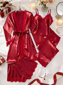 5pcs Satin & Lace Patchwork Sleepwear Set, Including Long Sleeve Robe, V-Neck Camisole, Shorts, Pants And Belt, Elegant Nightwear And Loungewear Women - Burgundy - View 1