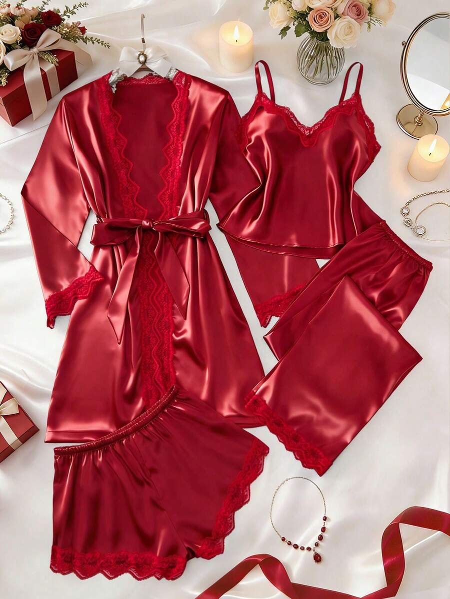 5pcs Satin & Lace Patchwork Sleepwear Set, Including Long Sleeve Robe, V-Neck Camisole, Shorts, Pants And Belt, Elegant Nightwear And Loungewear Women - Burgundy - View 1