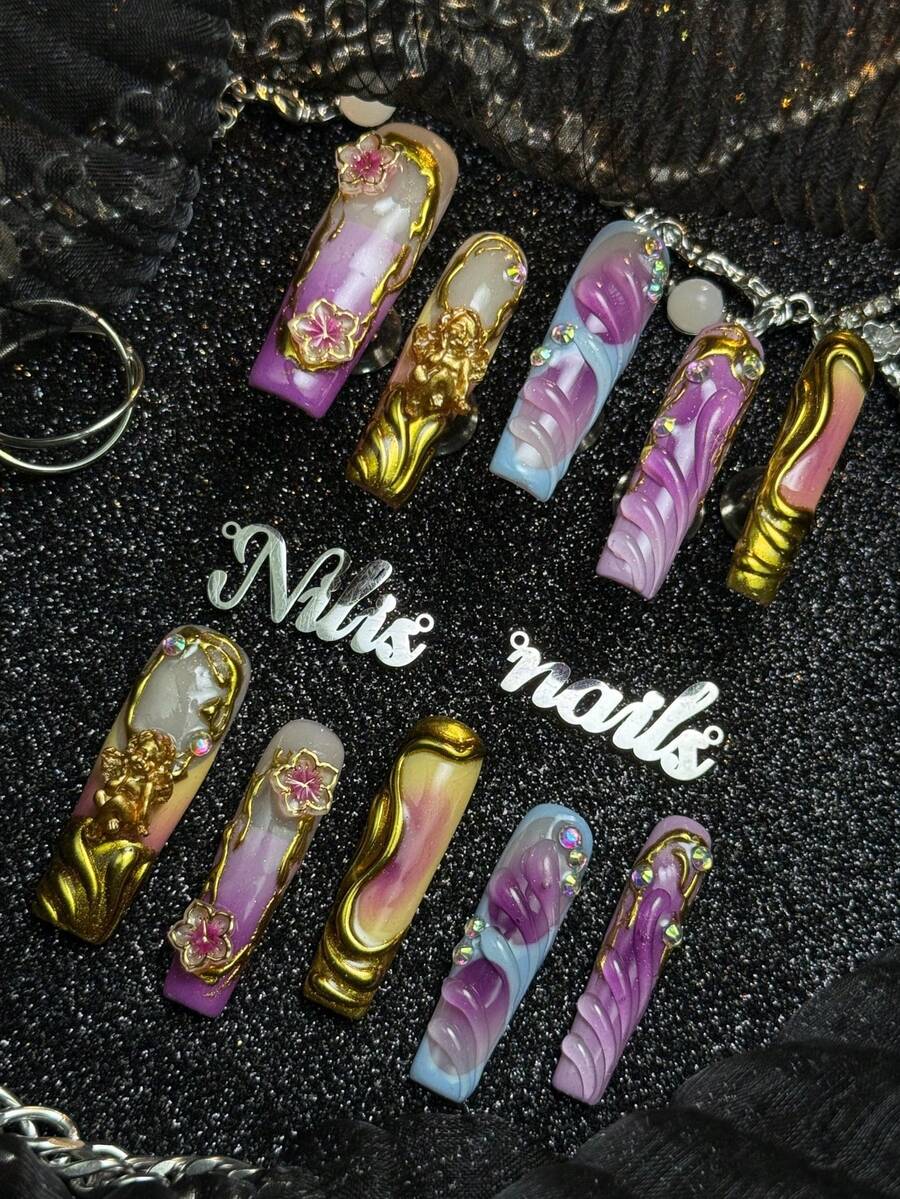 10pcs Handmade Fully Covered Long Square Nails Press On Nails, Lilac Purple Nails, 3D Flower&Angel&Rhinestone&Ripple Decor, Y2K Dreamy Gorgeous Style, Removable And Reusable False Nails For Party, Daily Wear & Cosplay, With Jelly Glue And Nail File