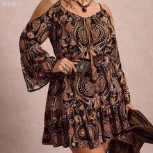 xuehuamaoyi02 Freevana Vestido sexy para fiesta y citas de noche para mujer talla grande con estampado de leopardo, hombros descubiertos y drapeado - Albaricoque - Ver 2