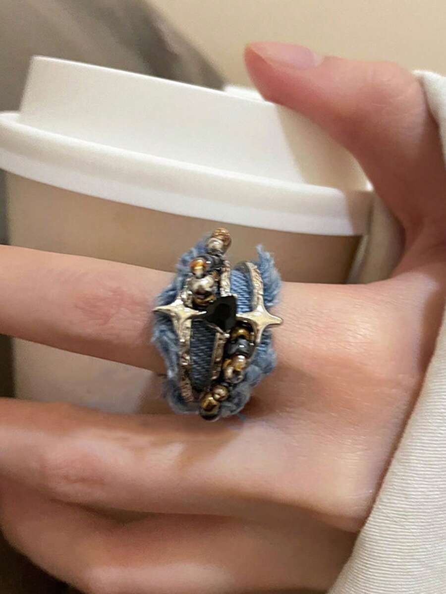 1件藍色丹寧星星戒指,小眾設計高級感手指環,誇張獨特配件食指環 - 彩色 - 查看 1