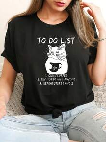 Camiseta Casual de Primavera/Verano con Estampado de Gato Relajado, Cuello Redondo, Manga Corta, Deportiva, Top para Mujer, Bestseller - Negro - Ver 1