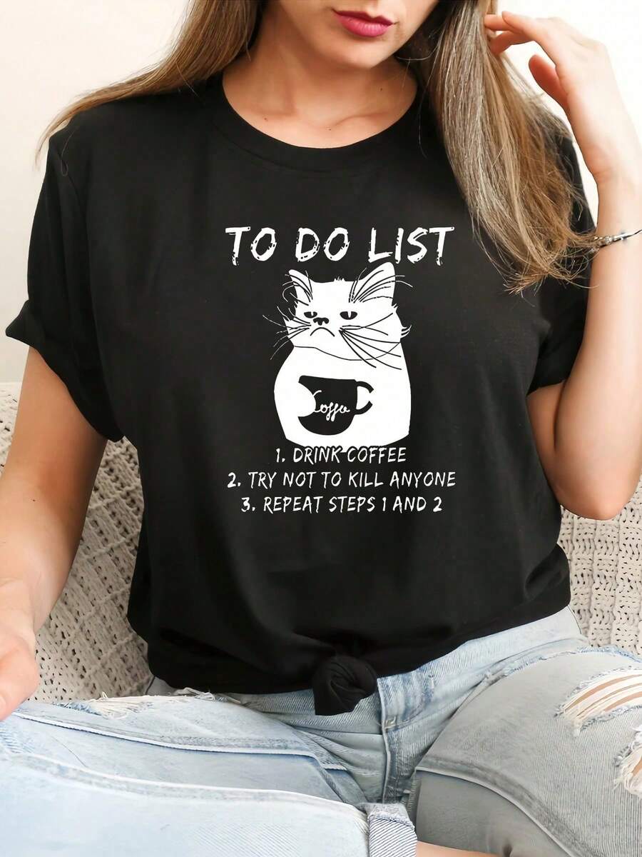 Camiseta Casual de Primavera/Verano con Estampado de Gato Relajado, Cuello Redondo, Manga Corta, Deportiva, Top para Mujer, Bestseller - Negro - Ver 1
