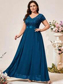 Talla Grande - Vestido de Encaje con Abertura en la Espalda y Ajuste en la Cintura para Mujer de Talla Grande - Verde militar - Ver 3