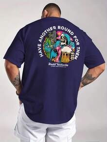 Camiseta de hombre moderna, holgada, de cuello redondo, informal para uso diario, de manga corta, con estampado divertido de calavera tomando cerveza, adecuada como regalo. - Negro - Ver 3