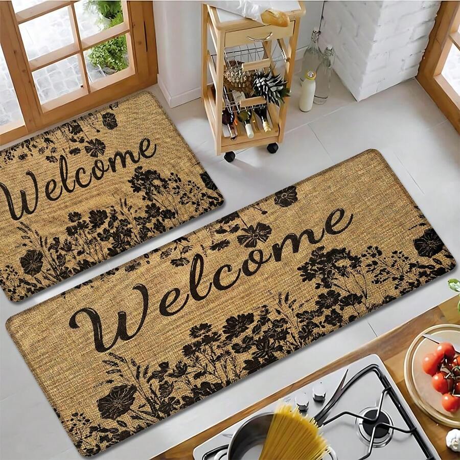 1pc, Home Decor, Floral Pattern Print, Linen Kitchen Rug, Kitchen Mat, Floor Mat, Bathroom Mat, Door Mat, 3D Print Rectangular, Suitable For Living Room, Bedroom, Hallway, Bathroom, Laundry Room - Polyester Rug, Suitable For Indoor And Outdoor Home Decor - Multicolor - View 1